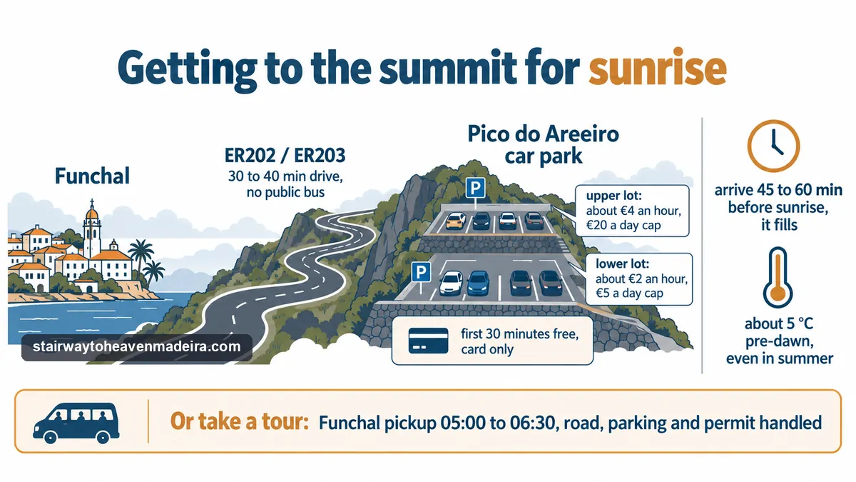 How to reach Pico do Areeiro for sunrise: the 30 to 40 minute drive from Funchal, the two paid car parks and their caps, arrive an hour early, dress for 5 degrees