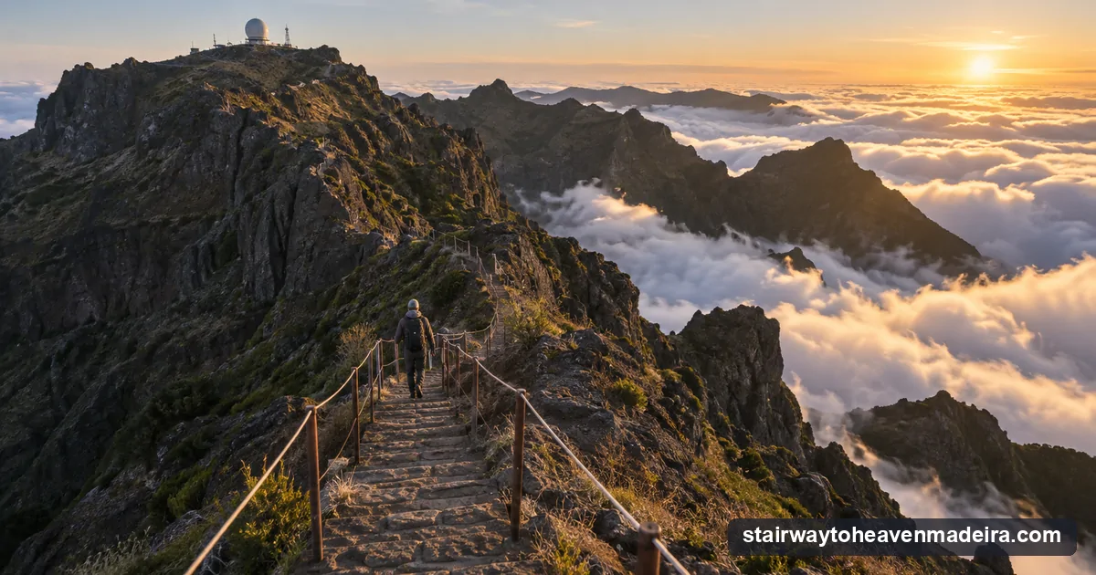 A hiker on the PR1 staircase in low morning light, the sea of clouds still holding below and the Pico do Areeiro summit behind