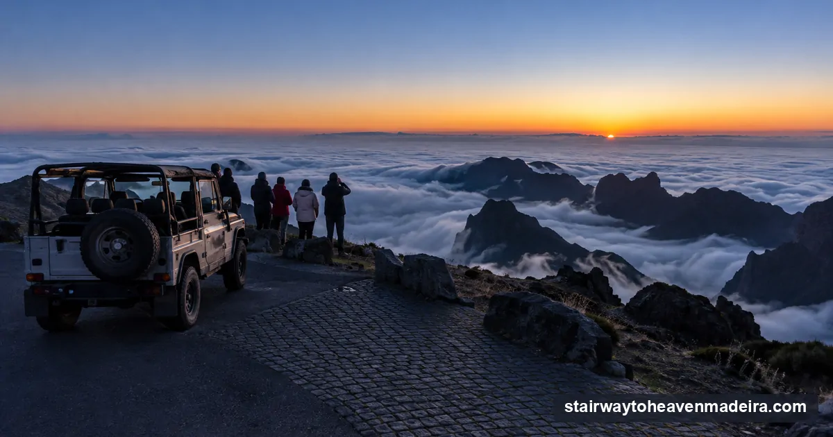An open 4x4 jeep and its group at the Pico do Areeiro summit road as the sun breaks the horizon above the clouds