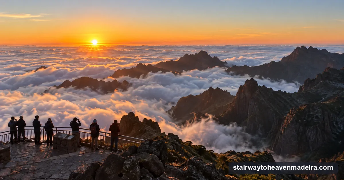 The sun breaking over a sea of clouds from the Pico do Areeiro summit, with a small group watching from the railing