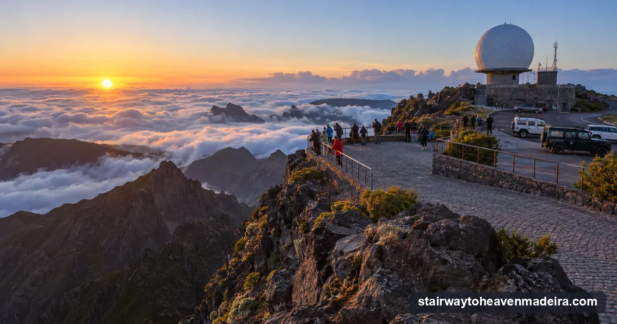 Sunrise crowd at the Pico do Areeiro summit viewpoint with the radar dome, tour 4x4s in the car park and a sea of clouds below