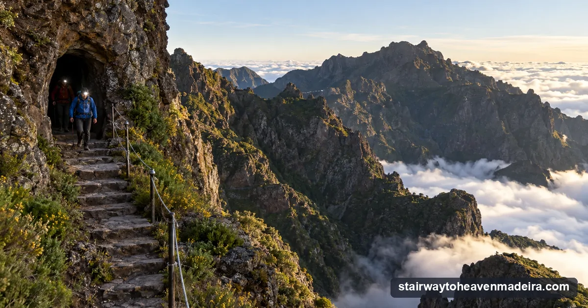 Hikers leaving a rock-cut tunnel on the PR1 traverse with Pico Ruivo ahead and a sea of clouds below