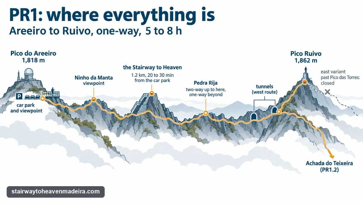 Schematic map of the PR1 trail from Pico do Areeiro past Ninho da Manta, the Stairway to Heaven and Pedra Rija through the tunnels to Pico Ruivo and the exit to Achada do Teixeira