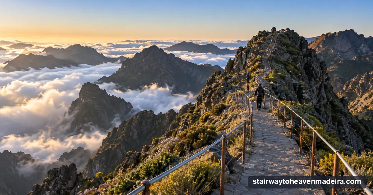 The railed PR1 path from Pico do Areeiro heading along the ridge towards the staircase, with hikers and a sea of clouds below