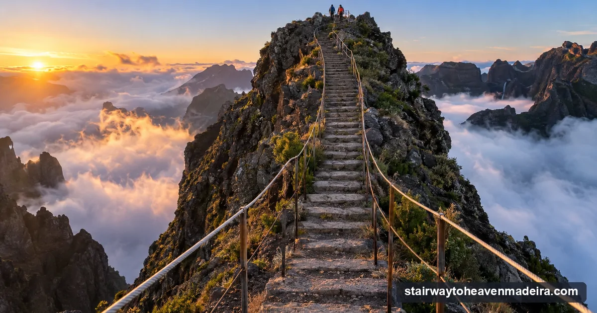 The Stairway to Heaven on Madeira's PR1 trail: a railed stone staircase climbing a knife-edge ridge above a sea of clouds at first light