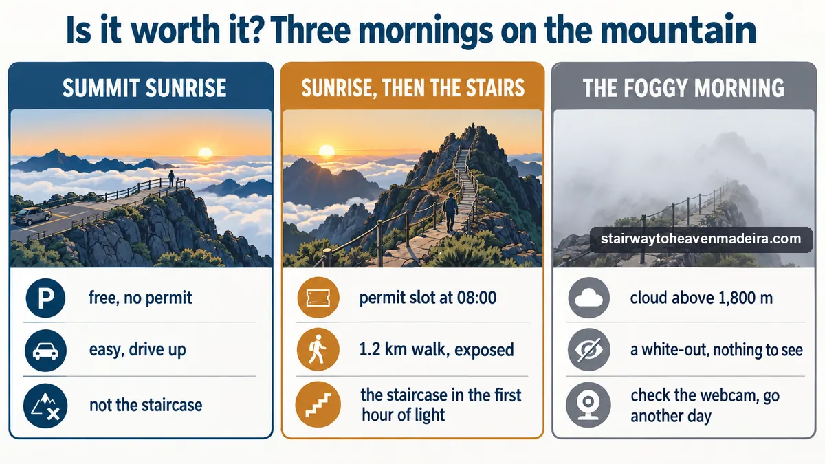 Three mornings on Pico do Areeiro compared: the free summit sunrise, sunrise then the staircase on the first slot, and the foggy morning to avoid