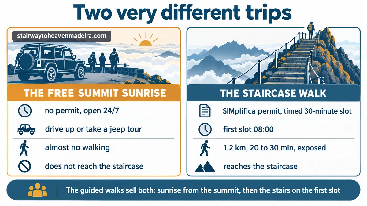 Comparison of the two Pico do Areeiro trips: the free summit sunrise with no permit, and the permitted staircase walk on the first 08:00 slot