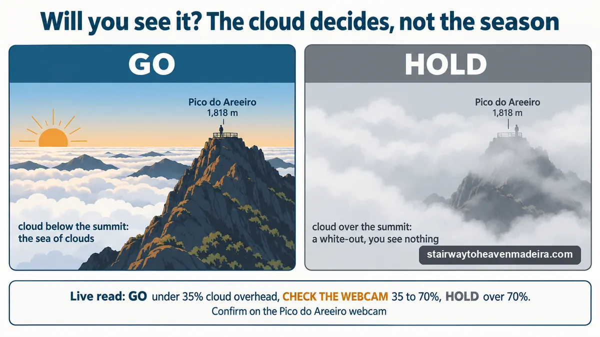 Two cross-sections of Pico do Areeiro: cloud below the summit gives the sea of clouds, cloud above 1,800 metres gives a white-out; the live read's GO, CHECK THE WEBCAM and HOLD bands